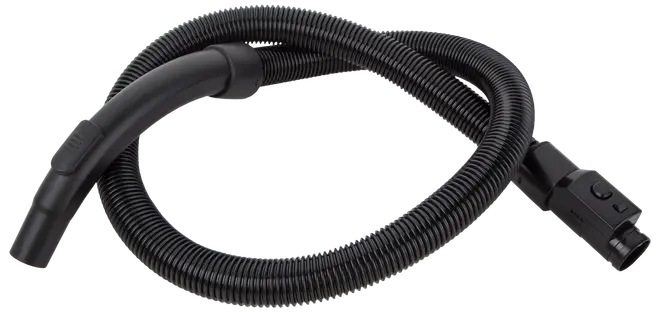 Flexibel svart dammsugarslang med ergonomiskt handtag och anslutningsdel. Tillverkad av slitstark, räfflad plast, kompatibel med flera dammsugarmodeller.