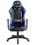Ergonomisk gamingstol i svart och blått, hög rygg, justerbara armstöd, länd- och nackkuddar, femhjulig bas. "GAMER"-text på huvudstöd och ländkudde.