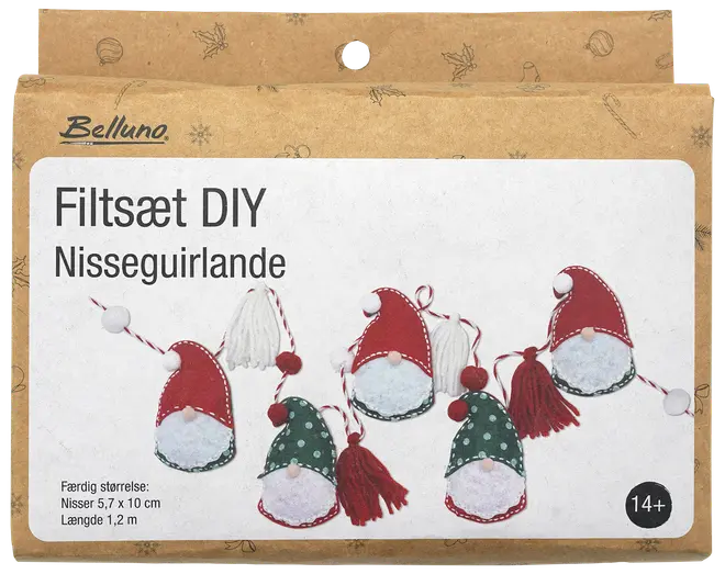DIY filtset för att skapa en tomtegirlang. Innehåller material till röda och gröna tomtar med mössor och skägg. Färdig längd: 1,2 meter.