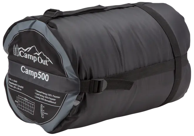 Svart CampOut Camp500 sovsäck i kompakt, cylindrisk bärväska med remmar och handtag. Tillverkad av polyester, passar camping, mått 220 x 80 cm.