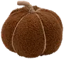 Brun plyschpumpa med bouclétyg och snöre runt stjälken. Mjuk, rund och segmenterad med snöre, perfekt för höst- eller halloweendekor.