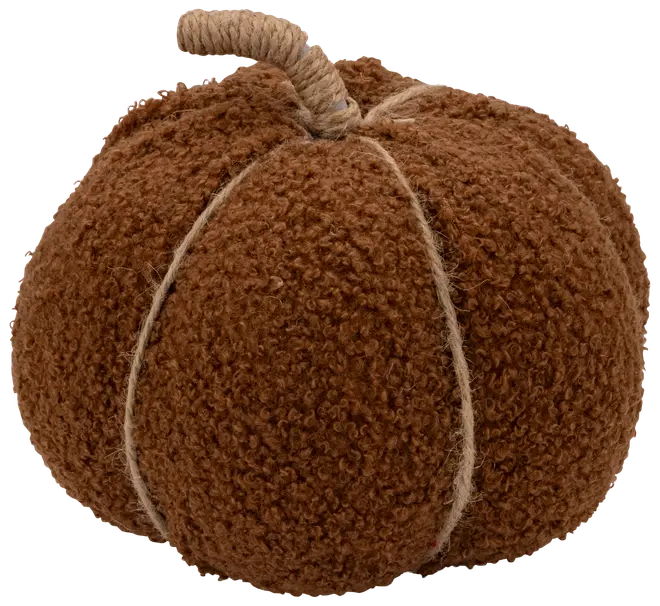 Brun plyschpumpa med bouclétyg och snöre runt stjälken. Mjuk, rund och segmenterad med snöre, perfekt för höst- eller halloweendekor.