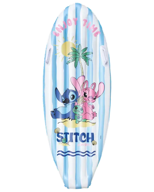Børnebodyboard med blå og hvide striber, motiv af Stitch og Angel, palme, sol og teksten “Enjoy Time”. To sidehåndtag for nemt greb.