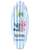 Børnebodyboard med blå og hvide striber, motiv af Stitch og Angel, palme, sol og teksten “Enjoy Time”. To sidehåndtag for nemt greb.