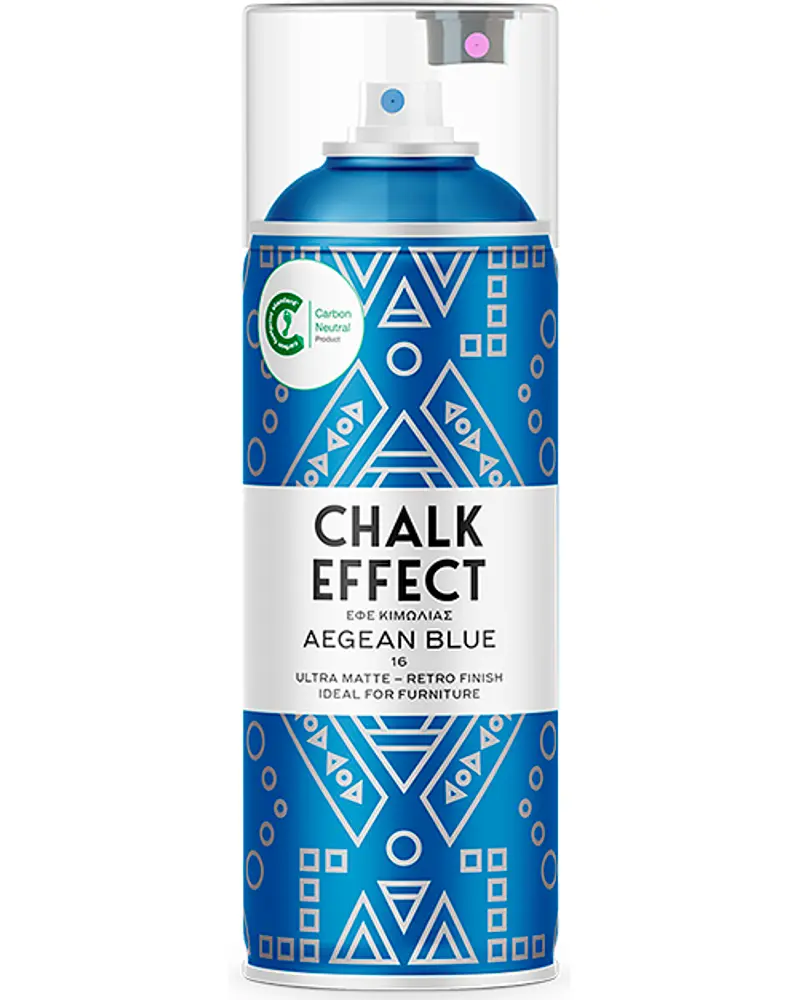 Aegean Blue kalk-effekt spraymaling, 400ml. Ultra mat, retro finish, ideel til møbler. Blå geometrisk mønstret etiket, klar hætte, CO2-neutral badge.