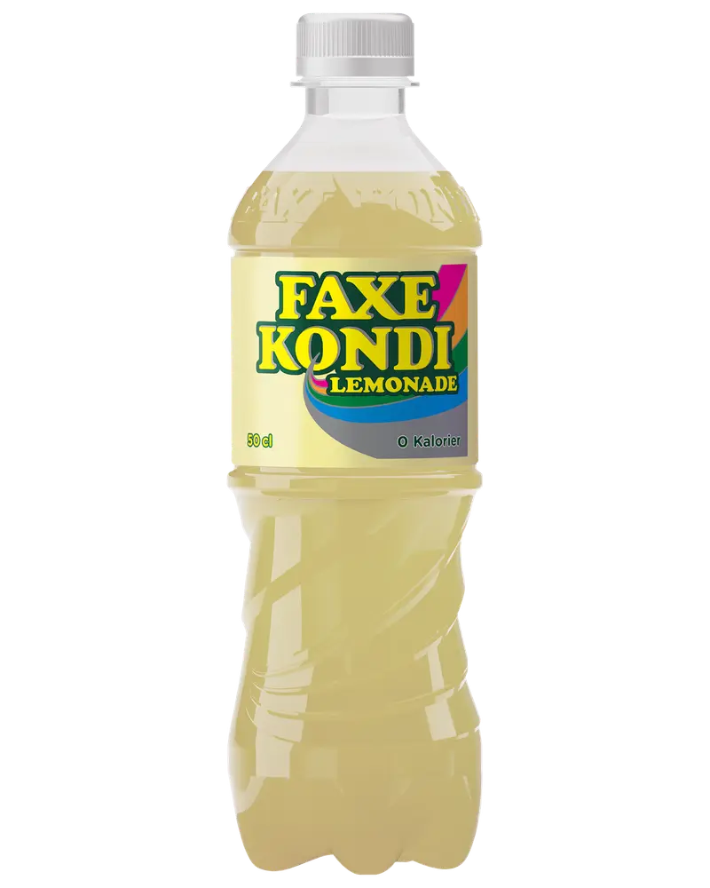 Plastikflaske med Faxe Kondi Lemonade, 50 cl, gul etiket og gennemsigtigt låg. Indholdet er lysegult og indikerer en lemonadesodavand med citronsmag.