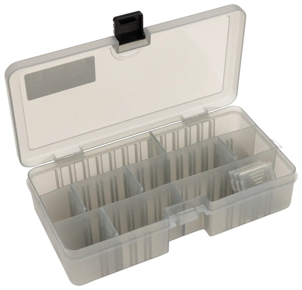 Transparent plastopbevaringsboks med justerbare rum og sikker lås, ideel til organisering af småting som perler, skruer eller hobbyartikler. Låget er klart for nemt overblik.