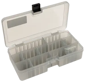 Transparent plastopbevaringsboks med justerbare rum og sikker lås, ideel til organisering af småting som perler, skruer eller hobbyartikler. Låget er klart for nemt overblik.