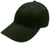 Mørkegrøn baseballcap med buet skygge, seks paneler, syede ventilationshuller og knap på toppen. Fremstillet af slidstærkt stof, velegnet til hverdags- eller sportsbrug.