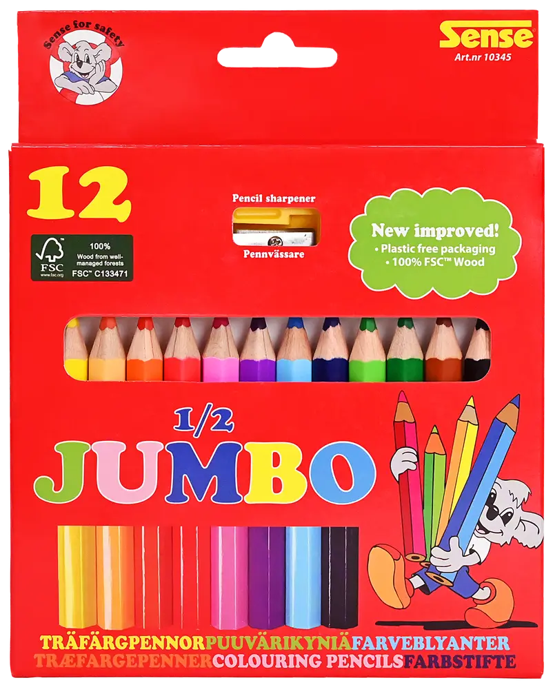 Set med 12 halv-jumbo färgpennor i olika färger, inkluderar pennvässare. Tillverkade av 100% FSC-certifierat trä, plastfri förpackning. Lätt att greppa, barnvänlig.