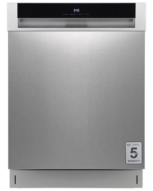 Diskmaskin i rostfritt stål med modern front, digital display upptill och 5 års garanti-märke nere till höger. Minimalistisk handtagsdesign.