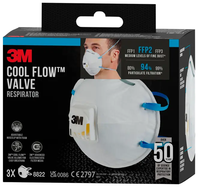 Æske med 3M Cool Flow ventil-åndedrætsværn, FFP2-klassificeret, justerbar næseklemme, blå elastikstropper og hvid maske med indbygget udåndingsventil for lettere vejrtrækning.