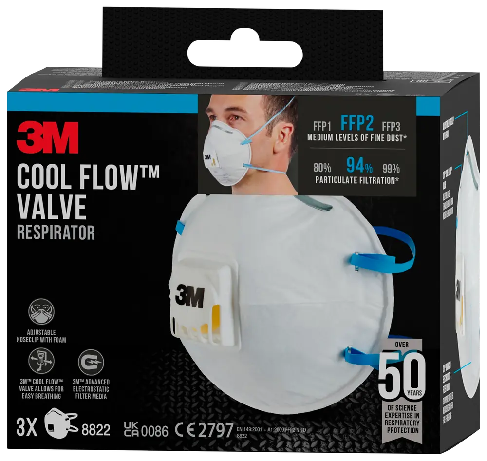 Æske med 3M Cool Flow ventil-åndedrætsværn, FFP2-klassificeret, justerbar næseklemme, blå elastikstropper og hvid maske med indbygget udåndingsventil for lettere vejrtrækning.