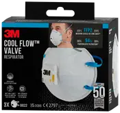 Æske med 3M Cool Flow ventil-åndedrætsværn, FFP2-klassificeret, justerbar næseklemme, blå elastikstropper og hvid maske med indbygget udåndingsventil for lettere vejrtrækning.