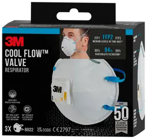 Æske med 3M Cool Flow ventil-åndedrætsværn, FFP2-klassificeret, justerbar næseklemme, blå elastikstropper og hvid maske med indbygget udåndingsventil for lettere vejrtrækning.