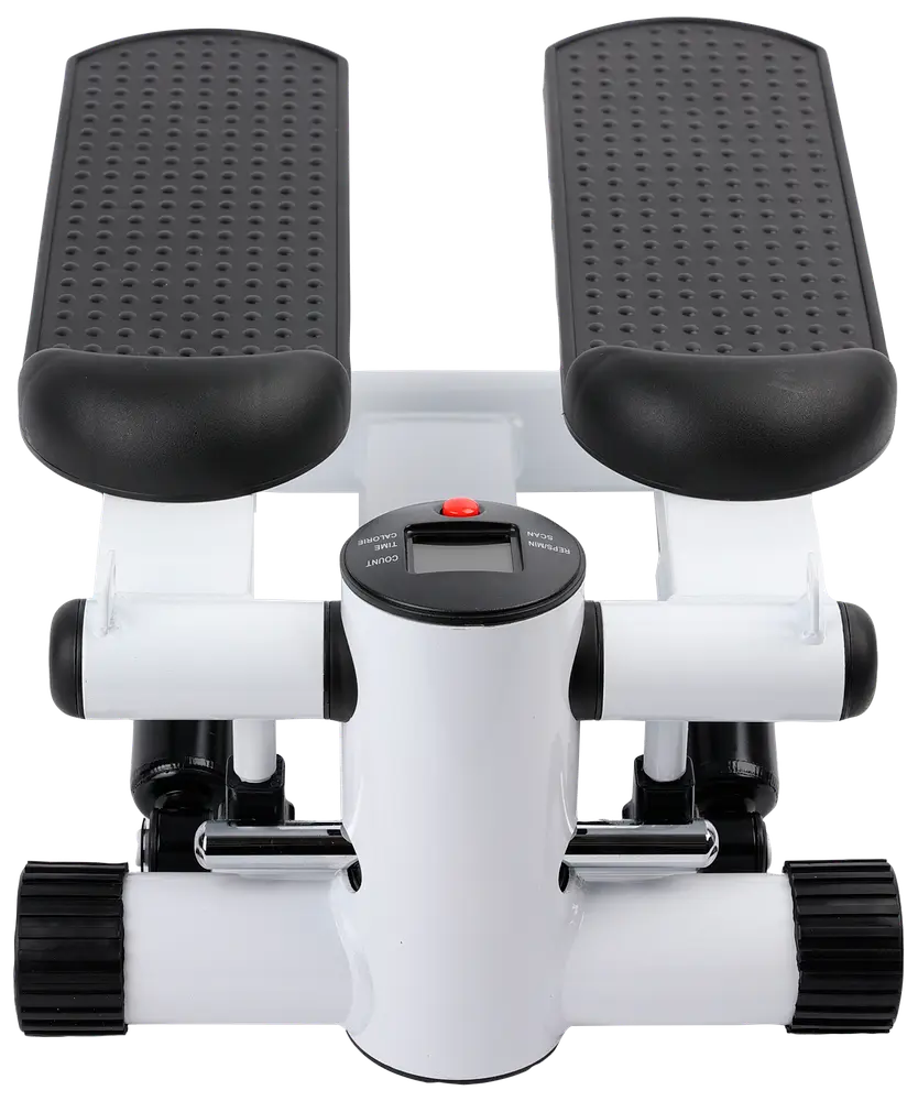 Kompakt mini-stepmaskin med två räfflade fotplattor, stabil vit ram och digital display för steg- och kaloriräkning. Perfekt för hemmaträning och benstyrka.