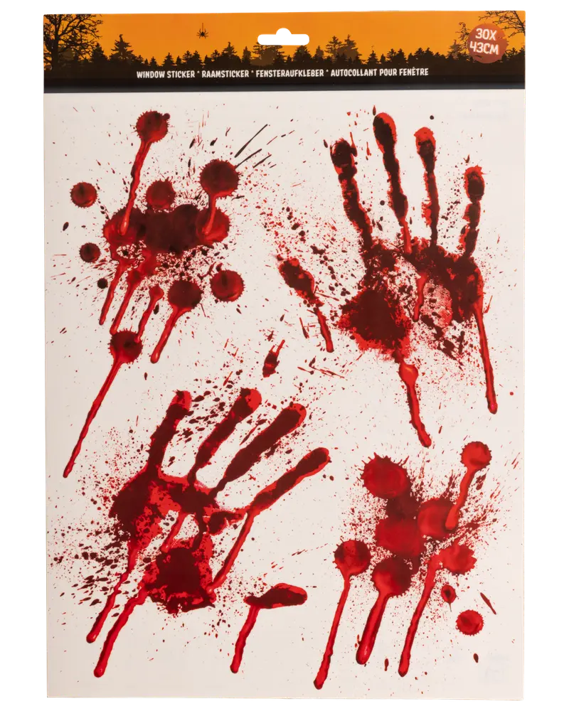 Fönsterdekal med realistiska blodiga handavtryck och stänk, perfekt för Halloween eller skräckdekorationer. Arkstorlek: 30x43 cm, passar glasytor.