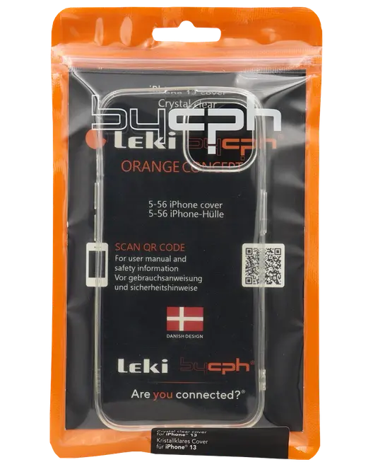 Krystalklart hårdt plastikcover til iPhone 13, gennemsigtigt design, præcise udskæringer til kamera og knapper, let og beskyttende, pakket i orange og sort genlukkelig pose.