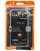 Krystalklart hårdt plastikcover til iPhone 13, gennemsigtigt design, præcise udskæringer til kamera og knapper, let og beskyttende, pakket i orange og sort genlukkelig pose.