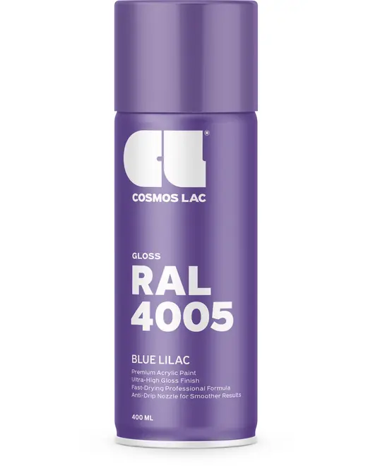 400 ml spraydåse med Cosmos Lac blank akrylmaling i RAL 4005 Blue Lilac. Ultra-højglans finish, hurtigtørrende formel og anti-dryp dyse for jævn påføring.