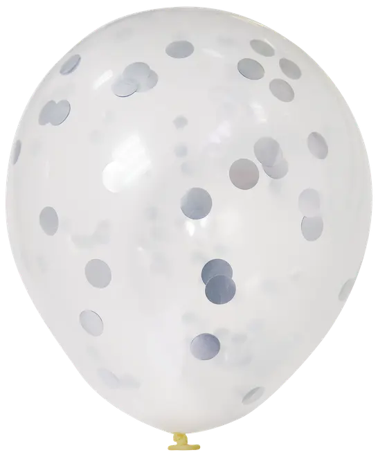 Transparent latexballon fyldt med sølvkonfetti prikker. Ballonen er rund, har blank overflade og er bundet i bunden. Perfekt til fester og festlige dekorationer.