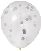 Transparent latexballon fyldt med sølvkonfetti prikker. Ballonen er rund, har blank overflade og er bundet i bunden. Perfekt til fester og festlige dekorationer.