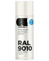 400 ml spraydåse med Cosmoslac premium akrylmaling, RAL 9010 ren hvid. Hvid hætte og etiket med sort tekst, velegnet til indendørs og udendørs brug.