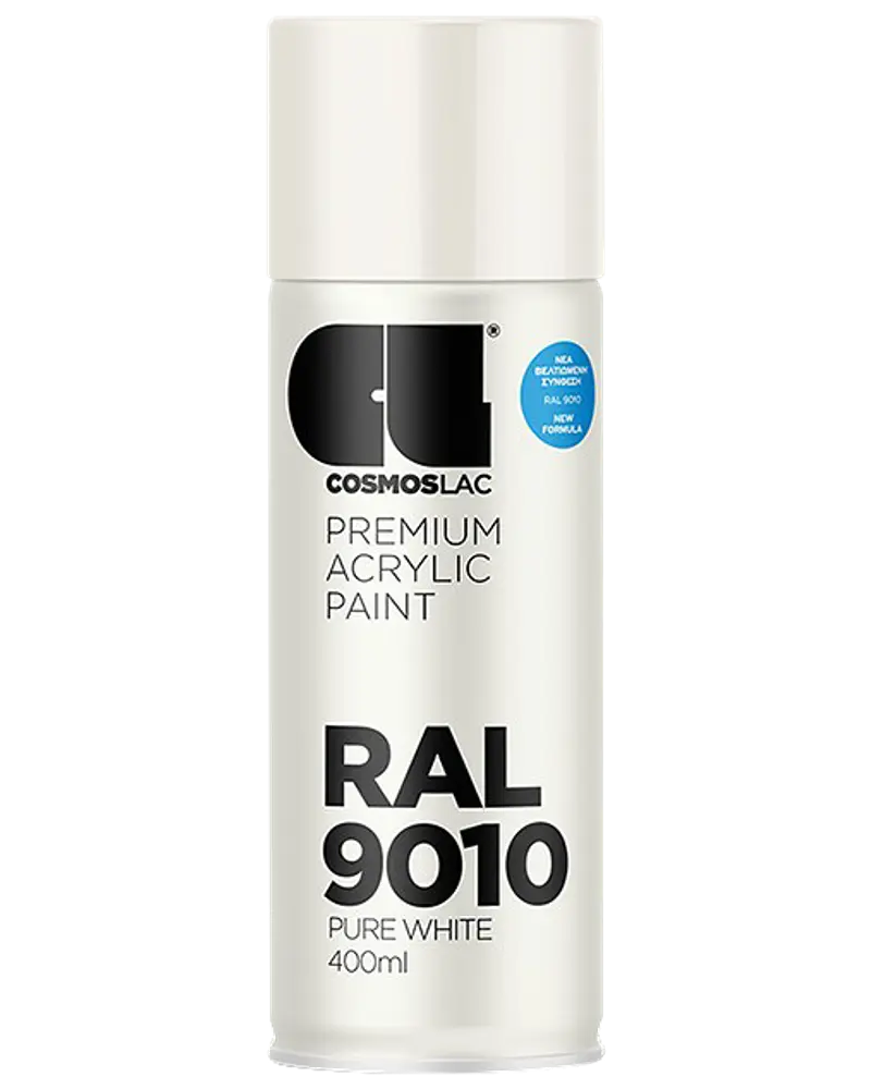 400 ml spraydåse med Cosmoslac premium akrylmaling, RAL 9010 ren hvid. Hvid hætte og etiket med sort tekst, velegnet til indendørs og udendørs brug.