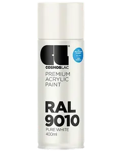 400 ml spraydåse med Cosmoslac premium akrylmaling, RAL 9010 ren hvid. Hvid hætte og etiket med sort tekst, velegnet til indendørs og udendørs brug.