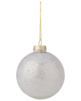 Rund, klar julgranskula i glas med skimrande glitter, guldfärgad topp och upphängningssnöre. Elegant och festlig för julgransdekoration.