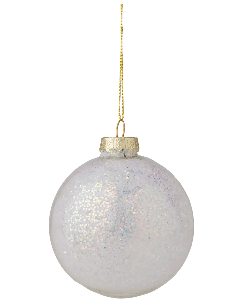 Rund, klar julgranskula i glas med skimrande glitter, guldfärgad topp och upphängningssnöre. Elegant och festlig för julgransdekoration.