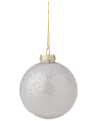 Rund, klar julgranskula i glas med skimrande glitter, guldfärgad topp och upphängningssnöre. Elegant och festlig för julgransdekoration.