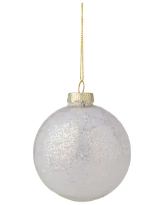 Rund, klar julgranskula i glas med skimrande glitter, guldfärgad topp och upphängningssnöre. Elegant och festlig för julgransdekoration.
