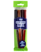 Tom's Klassisk Mix slikpose med assorterede bløde lakridspinde i mørk brun, karamel og rød, i grøn og blå hængepakning.