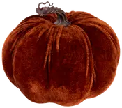 Mjuk pumpaformad dekoration i brun sammet med naturtrogen mörkbrun stjälk. Perfekt för höst- eller Halloweeninredning.