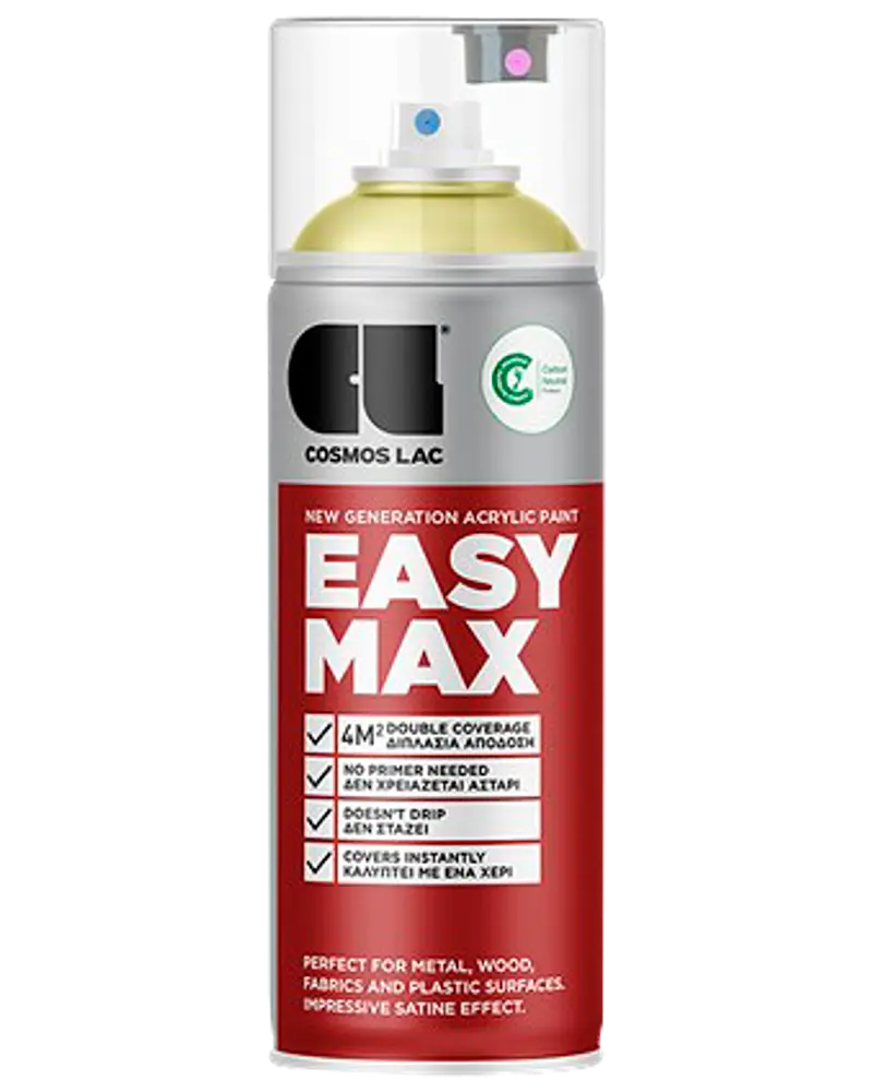 Cosmos Lac Easy Max akrylspraymaling, 400 ml dåse, rød etiket, egnet til metal, træ, stof og plast. Giver dobbelt dækning, hurtig tørring og satinfinish.