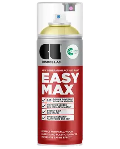 Cosmos Lac Easy Max akrylspraymaling, 400 ml dåse, rød etiket, egnet til metal, træ, stof og plast. Giver dobbelt dækning, hurtig tørring og satinfinish.