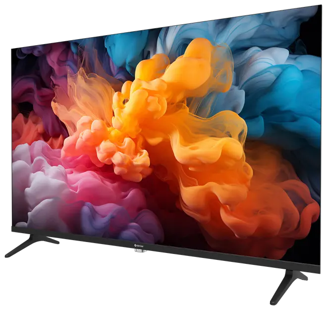 Fladskærms-tv med ultratynde kanter, levende skærm med farverig abstrakt røg, understøttet af to brede ben. Moderne design til hjemmeunderholdning.