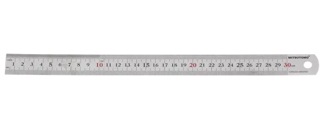 Linjal i rostfritt stål, 30 centimeter lång, med tydliga svarta och röda markeringar för millimeter och centimeter. Hållbar och rak kant för noggranna mätningar.