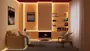 Moderne stue med beige sofa, to lænestole, væghylder, dekorative bøger, abstrakt kunst, elektrisk pejs, skakspil på sofabord og varm LED-stemningsbelysning overalt.