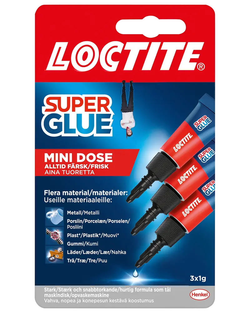 Loctite Super Glue Mini Dose, pakke med tre 1g tuber. Velegnet til metal, porcelæn, plast, gummi, læder og træ. Stærkt, hurtigtklæbende lim til mange materialer.