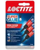 Loctite Super Glue Mini Dose, pakke med tre 1g tuber. Velegnet til metal, porcelæn, plast, gummi, læder og træ. Stærkt, hurtigtklæbende lim til mange materialer.