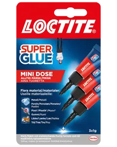Loctite Super Glue Mini Dose, pakke med tre 1g tuber. Velegnet til metal, porcelæn, plast, gummi, læder og træ. Stærkt, hurtigtklæbende lim til mange materialer.