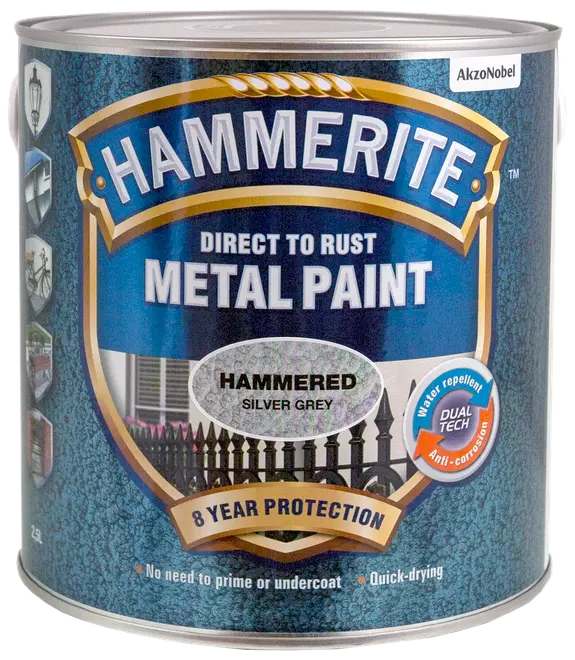 Hammerite metalmaling, direkte på rust, hamret sølvgrå, 2,5L. Giver 8 års beskyttelse, vandafvisende, anti-korrosion, ingen grunder nødvendig, hurtigtørrende, til metaloverflader.