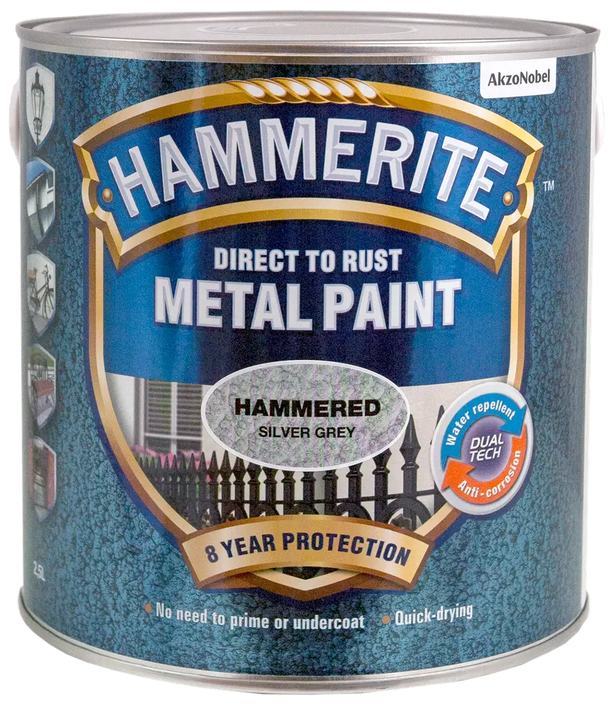 Hammerite metalmaling, direkte på rust, hamret sølvgrå, 2,5L. Giver 8 års beskyttelse, vandafvisende, anti-korrosion, ingen grunder nødvendig, hurtigtørrende, til metaloverflader.