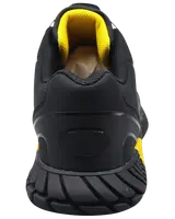 Svart träningssko med tjock, mönstrad sula, gul vadderad insida och stabil hälförstärkning. Bakifrån syns hållbar konstruktion och bekväm dämpning.