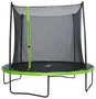 Rund trampolin med grøn kant, sort springmåtte, sikkerhedsnet og lynlåsåbning. Stærke metalben sikrer stabilitet, ideel til udendørs leg og sikker hopning.