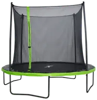 Rund studsmatta med grön kant, svart hoppmatta, säkerhetsnät och dragkedjeingång. Stadiga metallben ger stabilitet, perfekt för säker utomhuslek.