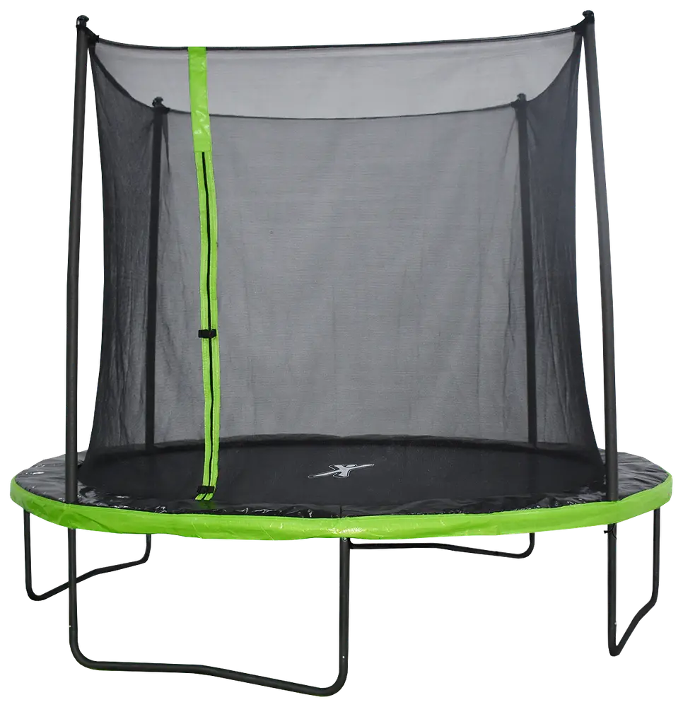 Rund studsmatta med grön kant, svart hoppmatta, säkerhetsnät och dragkedjeingång. Stadiga metallben ger stabilitet, perfekt för säker utomhuslek.