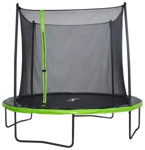 Rund trampolin med grøn kant, sort springmåtte, sikkerhedsnet og lynlåsåbning. Stærke metalben sikrer stabilitet, ideel til udendørs leg og sikker hopning.